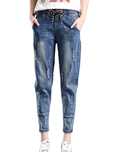 PHOENISING Women's Stylish Ripped Hole Fashion Cropped Jeans Drawstring Relaxed Pants Dark Blue