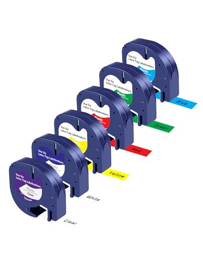 UNOKA Compatible con DYMO Letratag   Cinta de etiquetado impermeable para etiquetas de plástico, cinta de etiquetado LT de color para DYMO Letra Tag LT 100T LT 100H LT 110T QX50, 12 mm x 4 m, 6