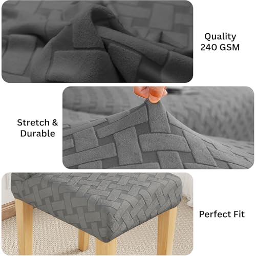 Image of Lukzer Elastic Dining Chair Cover - 1PC Pastel Dark Grey Basket Weave | Textured High Stretch Jacquard Seat Cover | Removable Washable Short Dining Chair Cover Protector Seat Slipcover | (CC-111-01)