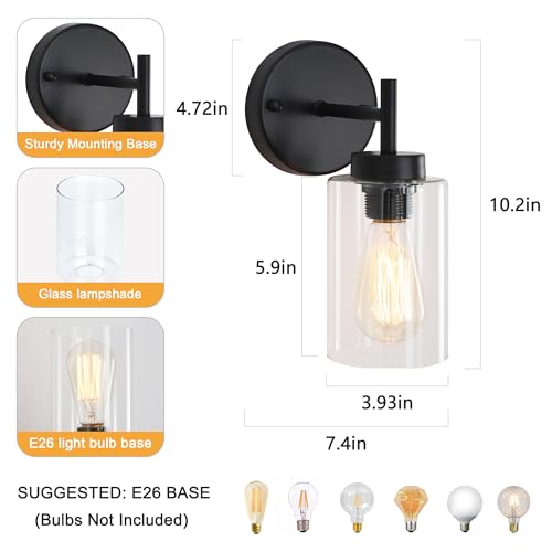 Image of Black Wall Sconces set of two, Modern Bathroom Sconces with Glass Shade | Indoor Wall Lights for Mirror Kitchen Living Room Hallway Cabinet Porch