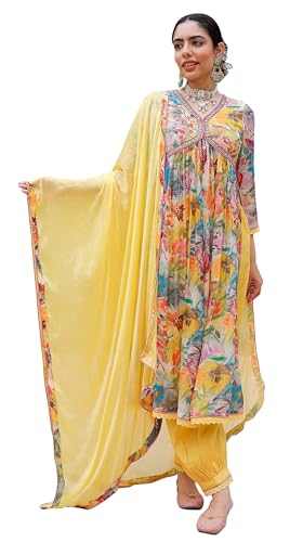 IMTRA FASHION Set Kurti da donna etnico indiano stampato con abito tunica Dupatta, Giallo, Medium
