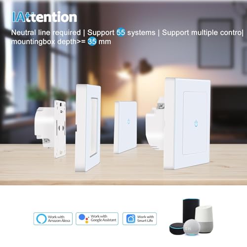 SMARTERCURRY Smart WLAN Lichtschalter 1 Fach 1 Weg Alexa Lichtschalter, gehärtetes Glas Touch Lichtschalter, Timing-Funktion, Weiß, Neutralleiter Erforderlich, 2 Stücke