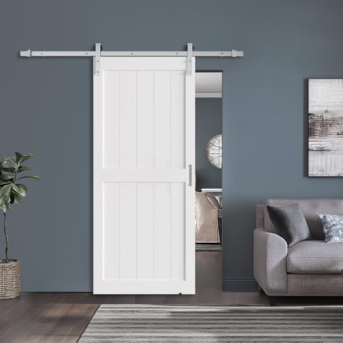 42 x 84 in Manufactured Solid Wood Paneled Sliding Barn Door with Brushed Nickel Hardware Kit