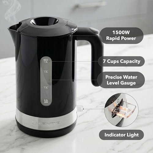 Image of OVENTE 1.8L Electric Kettle, BPA-Free with Easy-Fill Lid, Black KP413B | 1500W Fast Boiling Water Heater, Auto Shut-Off, Boil-Dry Protection, 360 Swivel Base, Clear-View Window, Removable Filter