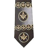 Freemason's Tie - Black & Gray Polyester Long Necktie w/Swirl Flowing Compass & Square Masonic...