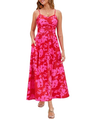 Image of Annebouti Women 2026 Summer Spring Ruched Maxi Dress Adjustable Spaghetti Strap Floral Beach Long Sundress with Pockets