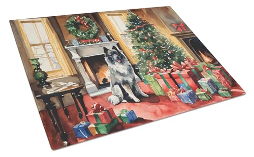 Caroline's Treasures DAC2690LCB Keeshond Cozy Christmas Glass Cutting Board Large Decorative Tempered Glass Kitchen Cutting and Serving Board Large Size Chopping Board