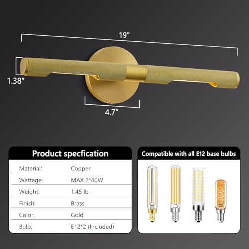 Image of Museum Gallery Picture Light for Wall19 Long Gold Brass Dimmable Hardwired Wall Sconces with E12 Bulb - Frame Pictures Art Deco Sconce Lights for Painting Photo Artwork Library Vanity Over
