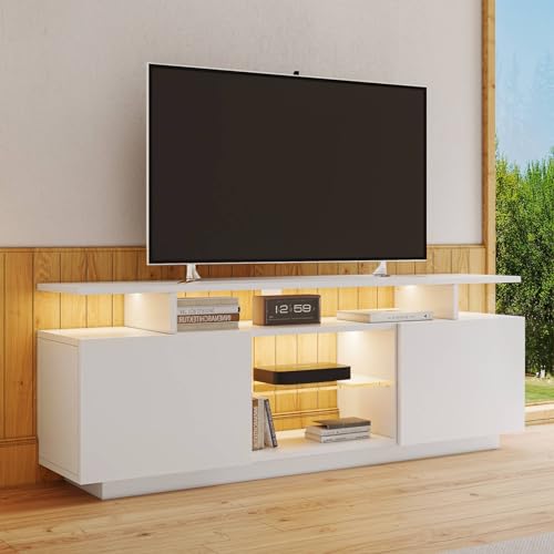Meuble TV Blanc avec éclairage LED 16 Couleurs, élégant Meuble TV 60 Pouces avec Bandes Lumineuses 16 Couleurs, Panneaux de Porte Brillants et étagères en...
