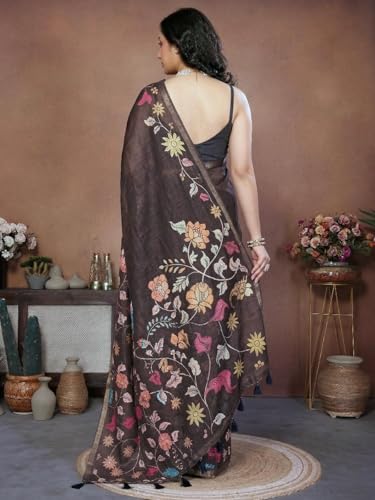 Image of SAMANTHA Black Floral Print Ready to Wear Linen Saree with Pocket & Adjustable Belt