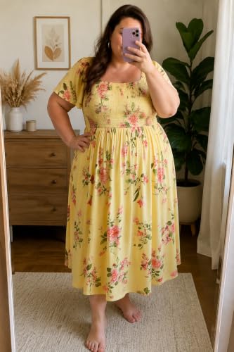 Image of RITERA Plus Size Dresses for Curvy Women Square Neck Short Sleeve Summer Floral Smocked Maxi Dress with Pocket XL-5XL