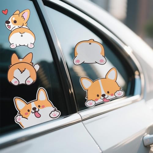 Image of Corgi Car Decal Sticker Set of 5 - Cute Funny Cartoon Dog Stickers for Car, Laptop, Bumper, Window - Gifts for Corgi Lovers, Vinyl Waterproof Automotive Accessories, 10-12cm