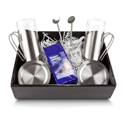 Römer Präsente Geschenkset Winter-Früchtetee: 7-teilig; 2 Teegläser, 2 Untersetzer und 2 Trinkhalmlöffel und 1 Kirschtee (50 g) in Geschenkkarton mit Dekomaterial; ca. 27 x 22 x 7 cm