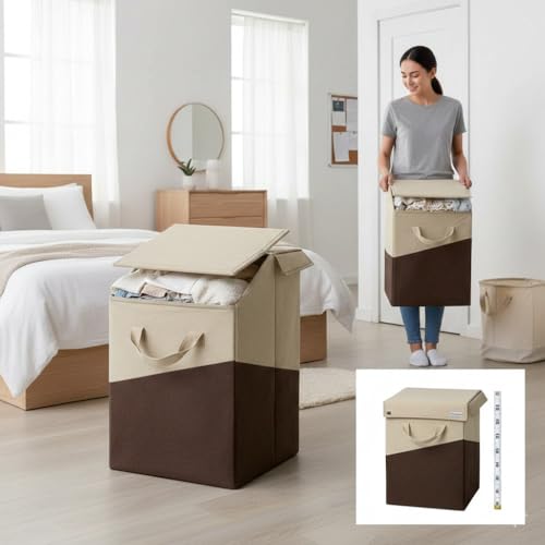 Image of 75L Large Laundry Basket with Lid, Foldable Non-Woven Fabric Clothes Hamper with Durable Handles, Heavy Duty Storage Bag for Bedroom, Bathroom, Nursery & Toys, Space-Saving Organizer (cross brown)