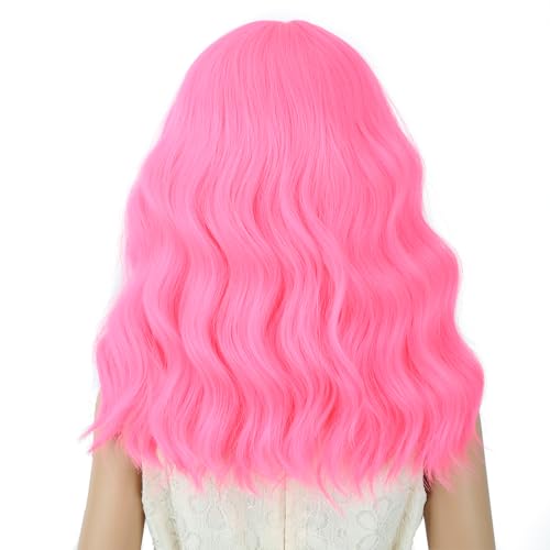 Image of PATTNIUM Neon Pink Wig for Kids Girs Short Curly Wavy Wigs with Bangs Light Pink Shoulder Length Wavy Heat Resistant Synthetic Wig