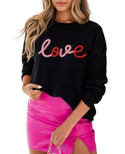 SELINK Women's Valentines Sweater Crew Neck XOXO Heart Print Casual Long Sleeve Pullover Tops Sweaters