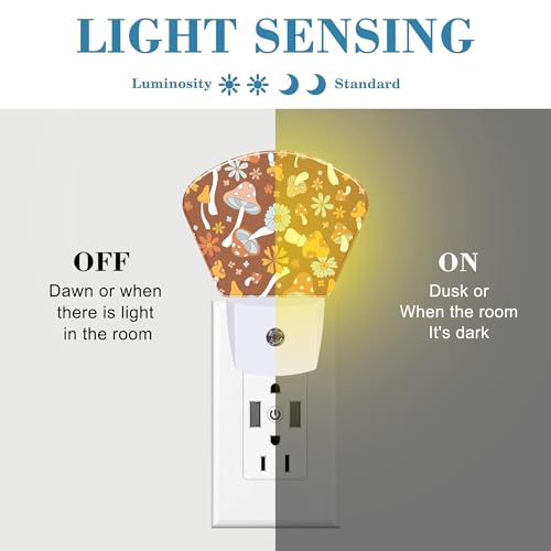 Image of Vintage Mushrooms Night Light Plug into Wall, Boho Flowers Night Light with Dusk to Dawn Sensor for Kid Girls Boys Women Men Bedroom, Hallway, Kitchen, Bathroom, Stairs Decor