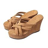 NHBEOEN Women's Suede Strappy Wedge Slides Sandals Fashion Comfortable Peep Toe Slip On Anti-slip Platform Rome Sandals for Outdoor Daily Beach Party Dress Slippers (brown,8)