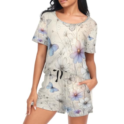Pyjama 2 pièces beige motif papillon : l'élégance nocturne en taille S