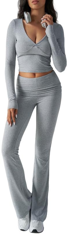 Sukiglam Ensemble Femme Casual 2 Pieces Manches Longues col en V Survetement Slim Fit Tenue de Sport Élasticité Pantalon et Haut Court Ensembles Chic et Elegant Y2K...