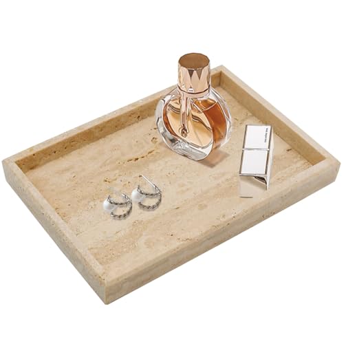 Zilukar Real Natural Travertine Tray for Bathroom Vanity Kitchen and Desktop Rectangle Genuine Travertine Stone Tray for Jewelry Cosmetics Candles Lotion Perfume and Home Decor