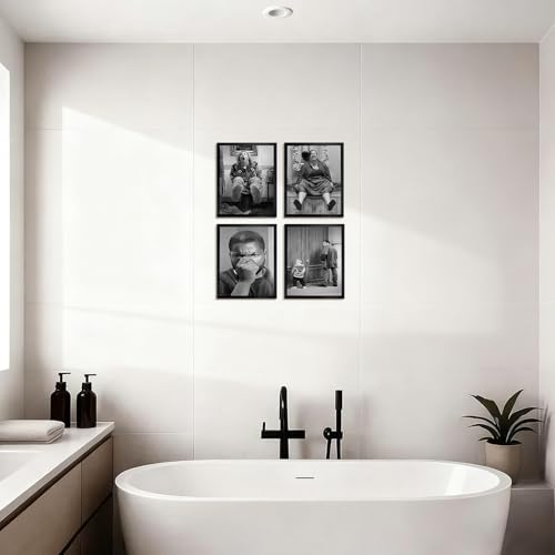 Funny Bathroom Wall Art Set of 4,Black and White Wall Decor Movie Posters Prints,Vintage Humor Bathroom Decor Wall Art for Toilet Restroom Signs,Framed,8x10inch