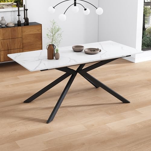 Crlnaup Mesa de comedor extensible automática rectangular para café, 150/180 x 70 x 76 cm, diseño de sacro, color blanco y negro