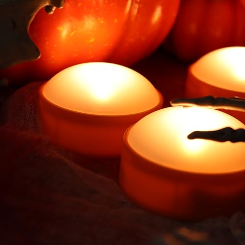 Image of CANDLE CHOICE Halloween LED Pumpkin Lights with Remote Timers Battery Operated Jack-O-Lantern Lights Bright Flickering Flameless Electric Candles for Halloween Decorations Gifts Orange Color 8 Pack
