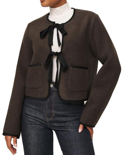 Women's Tie Front Jacket Cropped Long Sleeve Open Front Wool Blend Coats Winter Outerwear