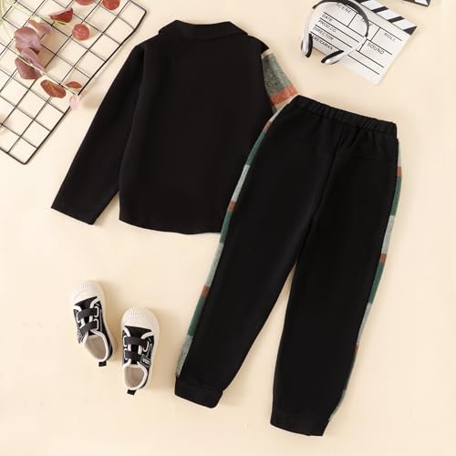 Image of Boy Clothes Fall Winter Outfits Long Sleeve Plaid Patchwork Button Down Shirt + Casual Pocket Sweatpants 5-14 Years