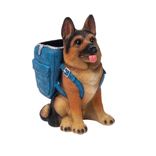 XYQXYQ German Shepherd Pen Holder, Office Desk Organizer, Pencil Holder with Backpack, Decorative Resin Dog Statue, Pen Storage for Office, School, Home, Ideal Gift for Dog Lovers (A)