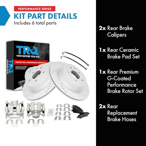 Image of TRQ Performance Rear Brake Pad and Rotor Set Ceramic Slotted Drilled Coated Rotors Calipers Compatible with 2006-2009 Infiniti M35 2006-2009 M45