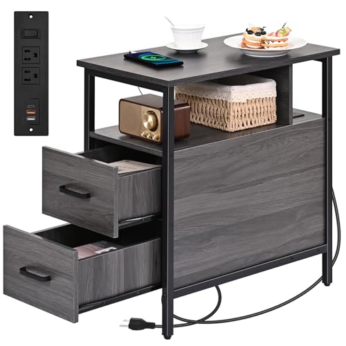 Livofloral Side Table, End Tables with Charging Station, Narrow End Table with Wooden Drawers, USB Ports and Power Outlets, Nightstand and Bedside Table, End Table Living Room, Bedroom, Dark Grey