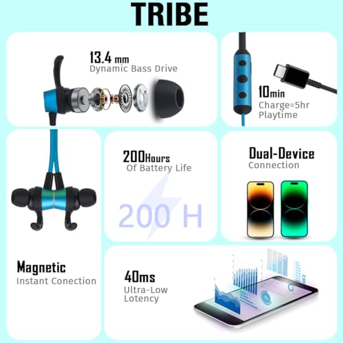 Image of Phonokart Tribe Bluetooth Neckband, Dual Pairing,Compatible withGoogle Assistant& siri, 21H Talk Time, Gaming Mode, IPX5 Water Resistance (Blue)