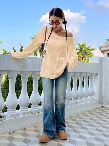 Image of SKAYS Oversized Fall Sweaters for Women, Oversized Cable Knit Sweater Off Shoulder, Solid Color Crew Neck Sweater