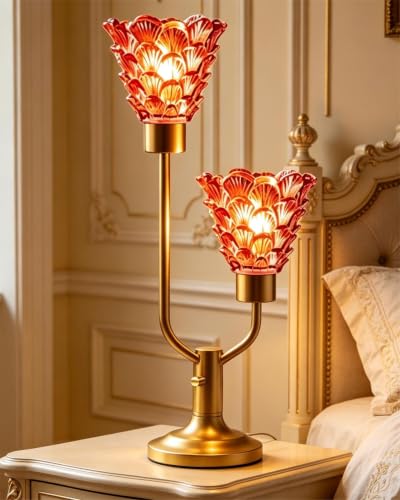 Image of Lightdot Mid Century Modern Glass Table Lamp Dimmable Vintage Pink Lamp | Nightstand Lamp Gold Desk Lamp 2 Bulbs Included 3000K Warmwhite Ambient Bedside Lamps for Bedroom Living Room Home Decor Gift