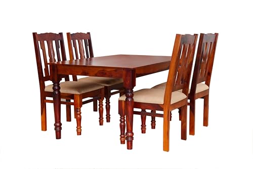 Image of Sheesham Wood 4-Seater Dining Table Set with Cushioned Chairs | Solid Wooden Furniture for Home & Kitchen (Maple, 4 Seater)