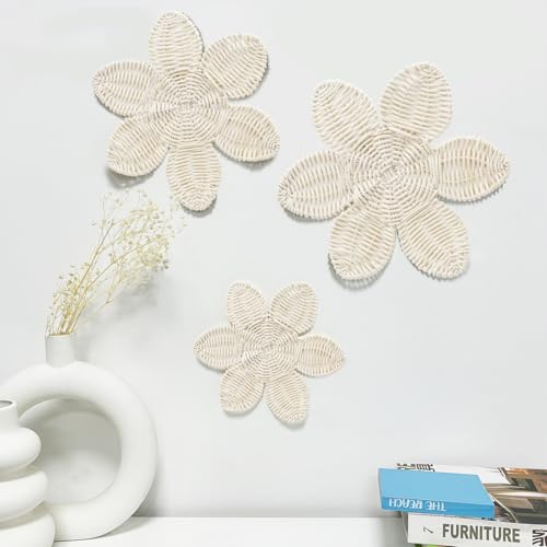 Image of YIYA Boho Wall Art - Daisy Flower Wall Decor Rattan Wooden Art for Boho, Farmhouse & Nursery