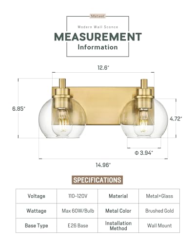 Image of Bathroom Light Fixtures, 2 Light Brushed Gold Vanity Light, Modern Wall Sconces with Clear Glass Globe Shade, Bathroom Wall Lights Over Mirror Kitchen Bedroom Hallway, VL195-GD-2