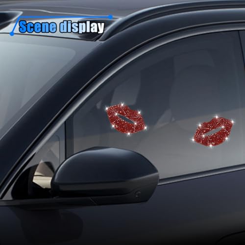 Image of 2PCS Bling Rhinestone Car Sticker Decal, Self Adhesive Crystal Red Lip Sticker for Women, Bumper Decoration Decal for Car, Window, Mirror, Laptop, Truck, Motorcycle, Helmet (Red Lip)