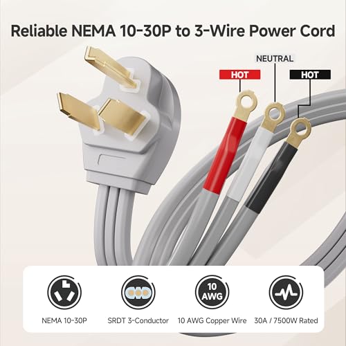 Cable Matters 10 AWG 3 Prong Dryer Cord - 10ft, 30A / 7500W Rated, NEMA 10-30P to 3-Wire Appliance Cord, Dryer Plug 3 Prong, Gray