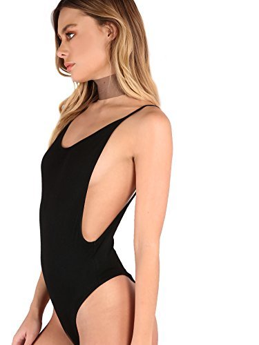 DIDK Women s Spaghetti Strap Armhole Plain Backless Bodysuit Black M