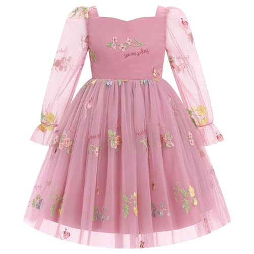 IMEKIS Kids Girls Pink Heart Tulle Dress Mesh Long Sleeve Pageant Formal Tea Party Dresses 3-10T