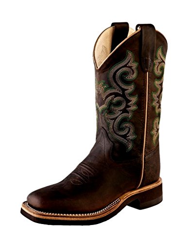Old West Boys' Classic Green Embroidered Western Boot Wide Square Toe Brown 3 D