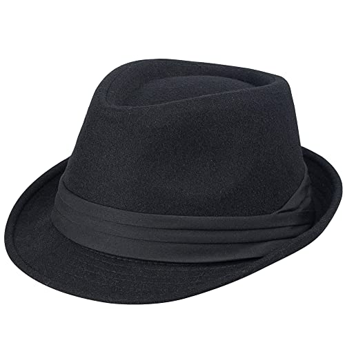 KorhLeoh Sombrero clásico de fieltro para hombre, sombrero de Manhattan-Gangster-Derby con banda plisada, unisex Trilby Fedora Hat, Sombrero negro con banda triple plisada, M Cover