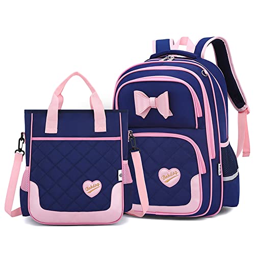 Image of VIDOSCLA School Bags for Girls 2Pcs Backpack Elementary Bookbag Sets, A79#2pcs Deep Blue-s, Small, Classic | Bowknot