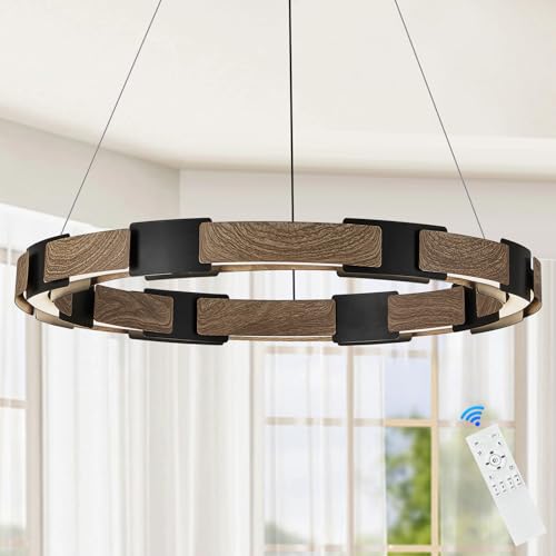 Image of LED Ring Chandelier Dimmable Black Wood Chandeliers for Dining Room