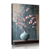 オリエンタルスタイルのキャンバスプリントウォールアートピンクの桃の花の枝とセラミック花瓶のストレッチ絵画ホームオフィスの装飾用35x52cmインナーフレーム
