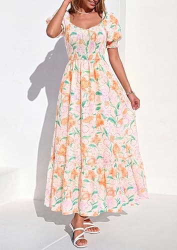 PRETTYGARDEN Women's Floral Boho Maxi Dresses Flowy Short Sleeve A Line Smocked Eyelet 2026 Summer Beach Vacation Clothes (Floral Apricot Multicolored,Small) — view 3