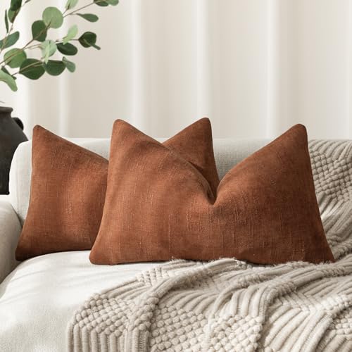 Image of Foindtower Pack of 2 Soft Textured Throw Decorative Pillow Covers Lumbar Accent Solid Cushion Cover Cozy Farmhouse Pillow Case with Zipper for Couch Sofa Bed Living Room 12x20 Inch, Burnt Orange